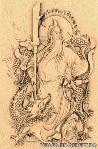 Резное панно Гуангонг с драконом из дерева