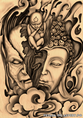 Резное панно Будда и Демон из дерева