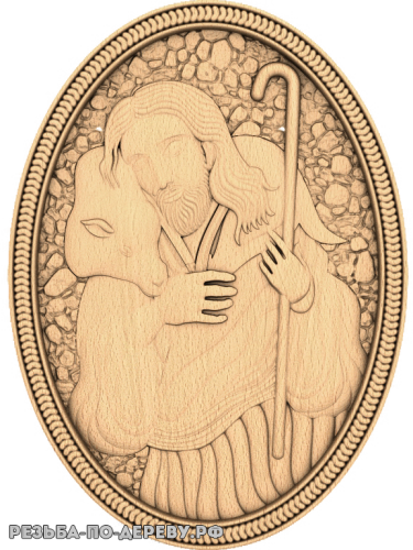 Резная икона Иисус с овечкой из дерева