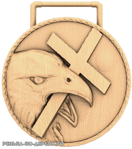 Резное панно Медалька Орёл с крестом в клюве из дерева