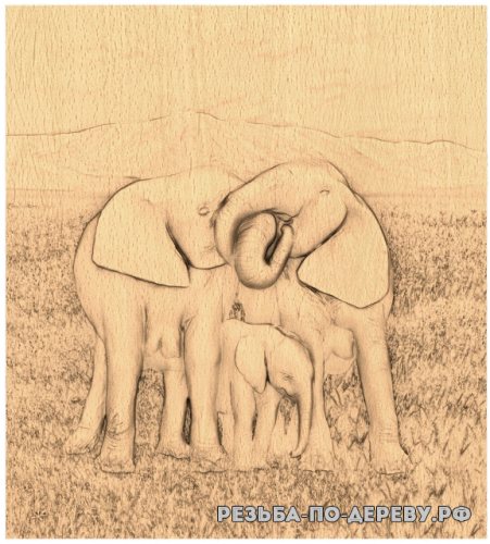Резное панно Семья слонов из дерева
