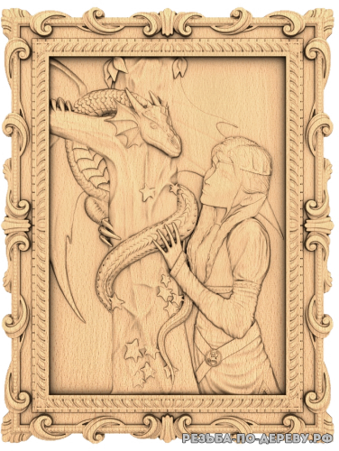 Резное панно Девушка и дракон из дерева