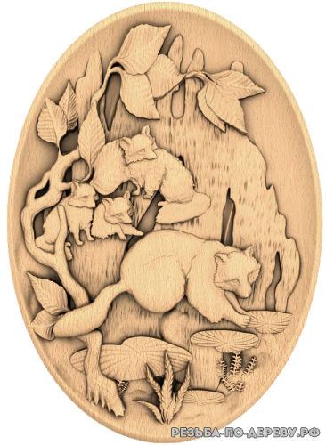 Резное панно Еноты - тарелка из дерева