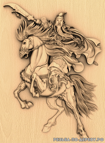 Резное панно Гуангонг на лошади из дерева