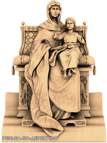 Резная икона Богородица на троне без нимбов из дерева