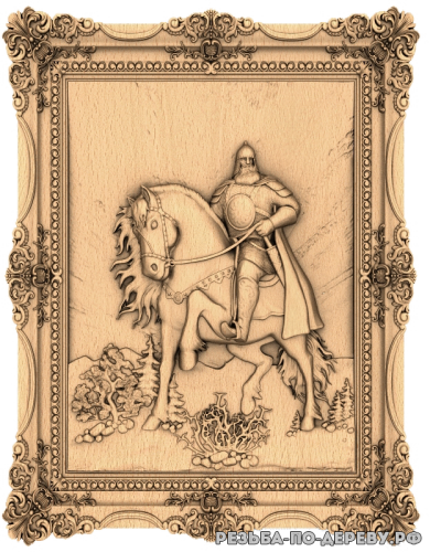 Резное панно Богатырь на коне из дерева