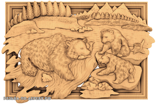 Резное панно Медведи Камчатские из дерева