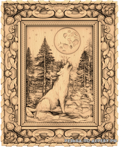 Резное панно Волк на луну воет из дерева
