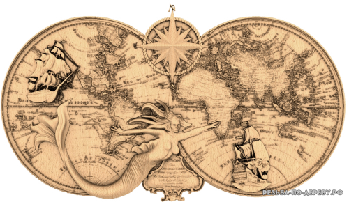 Резное панно Морская карта - русалка из дерева