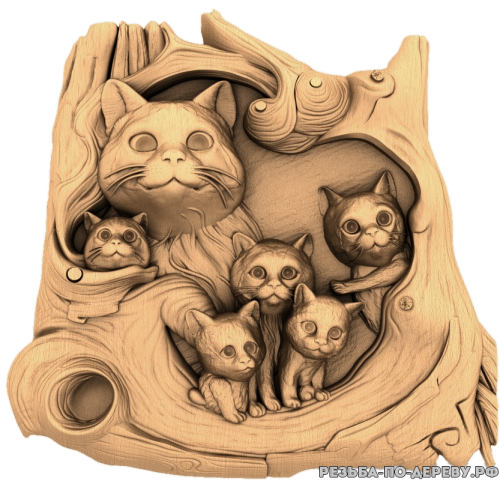 Кошачья семья - резное изделие из дерева